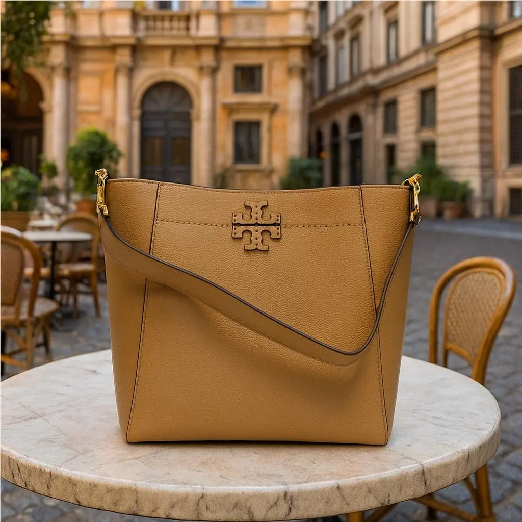 Tory Burch Mcgraw Tiramisu Tan Leather Bucket Tote/shoulder Bag