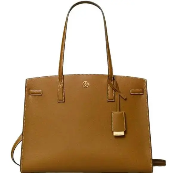 Tory Burch Robinson Satchel Bag Leather Magnetic Handbag Brown Purse Tan Gold Nw
