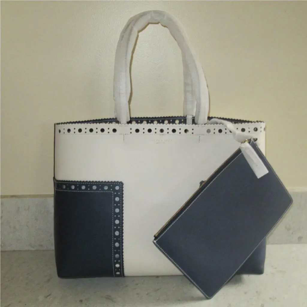 Tory Burch Block-t Brogue Blue White Tote Bag with Removable Pouch $475+TAX