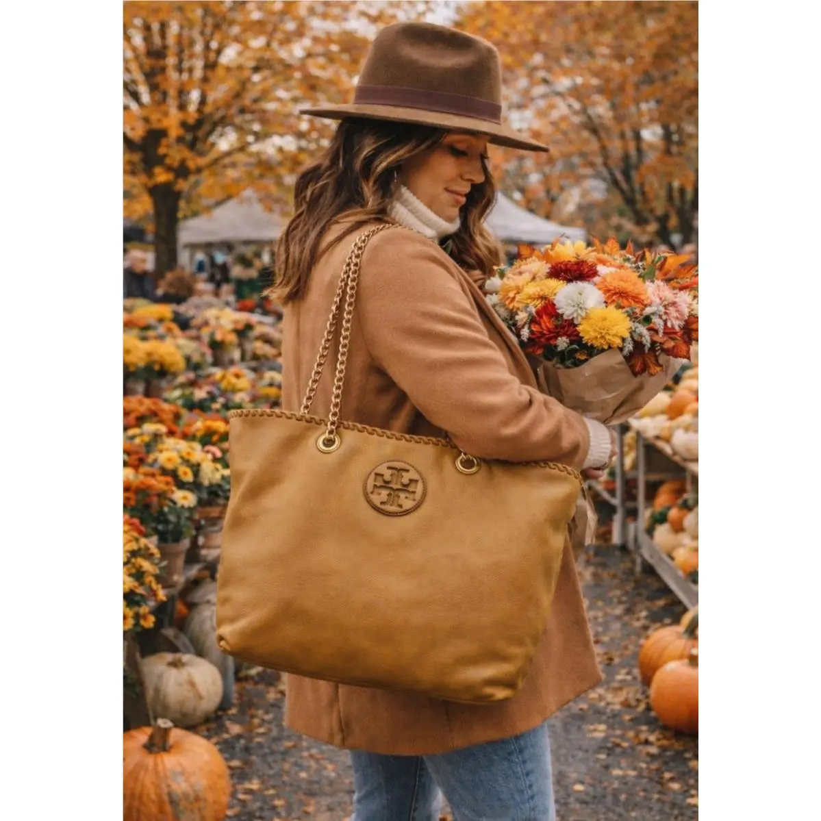 Tory Burch Marion Royal Tan Pebbled Leather Large Tote Bag W/ Chain Strap