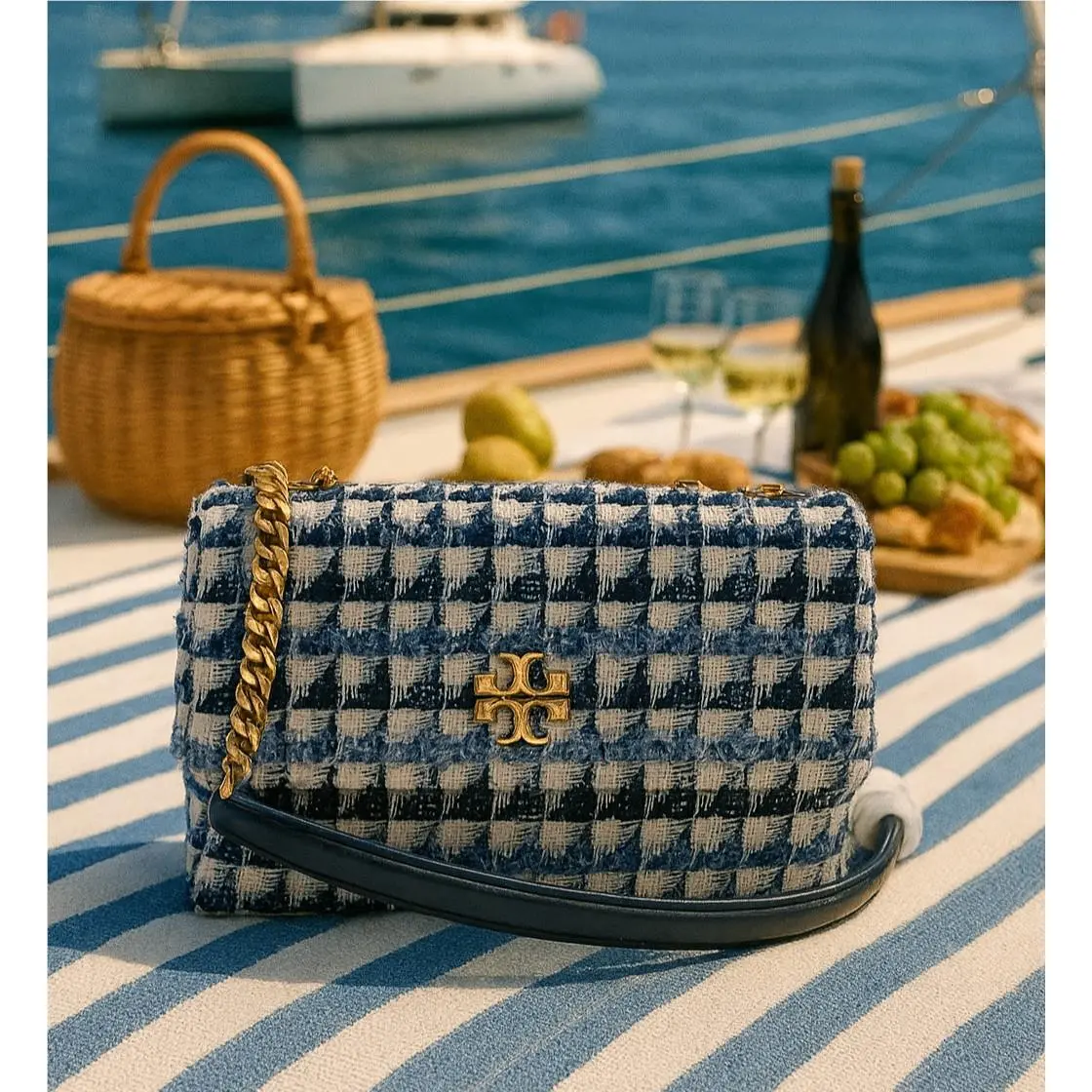 Tory Burch Kira Navy Blue Tweed Small Convertible Crossbody/shoulder Bag
