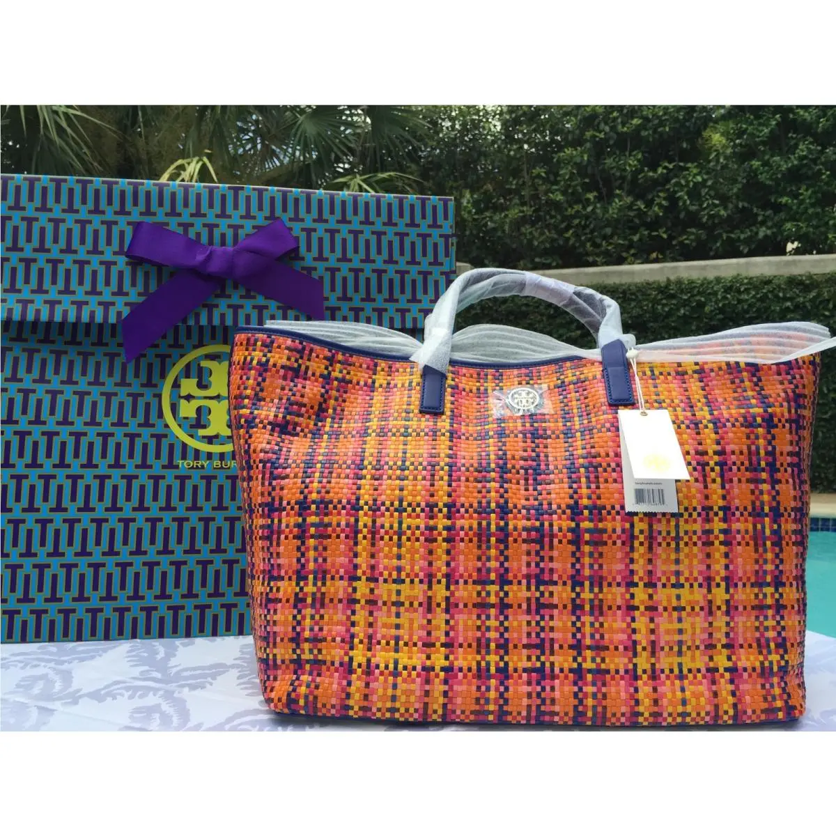 Tory Burch Jane Woven Leather Tote Rainbow Multi /lapis +gift Bag