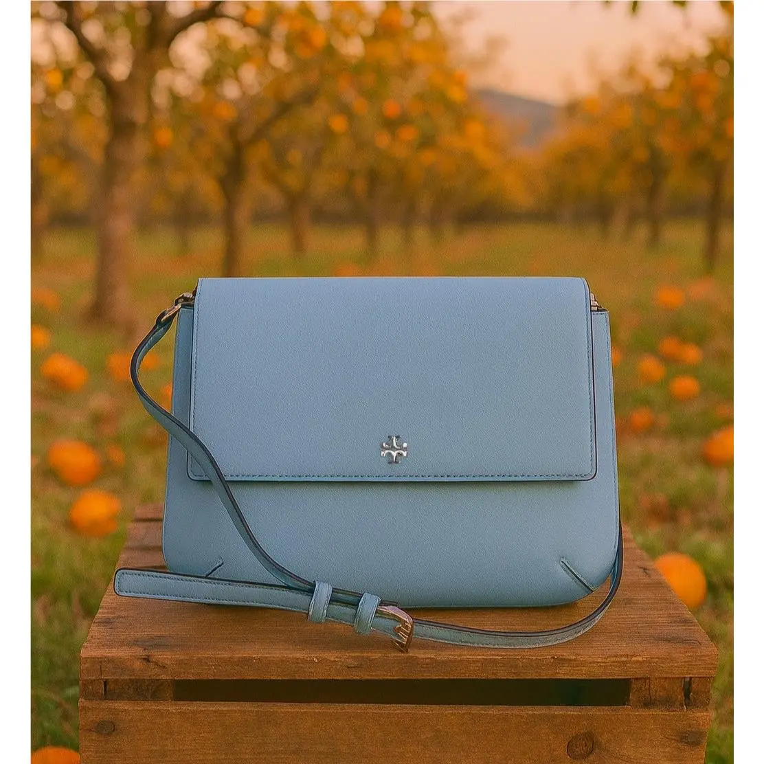 Tory Burch Robinson Riviera Blue Saffiano Leather Messenger Crossbody Bag