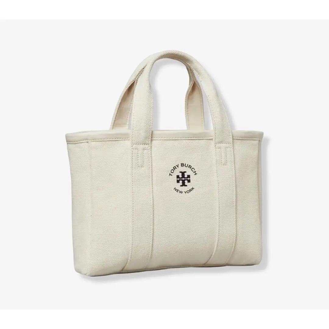 Tory Burch Mini Mercer Tote Hand Bag Purse Ivory Canvas Black Logo