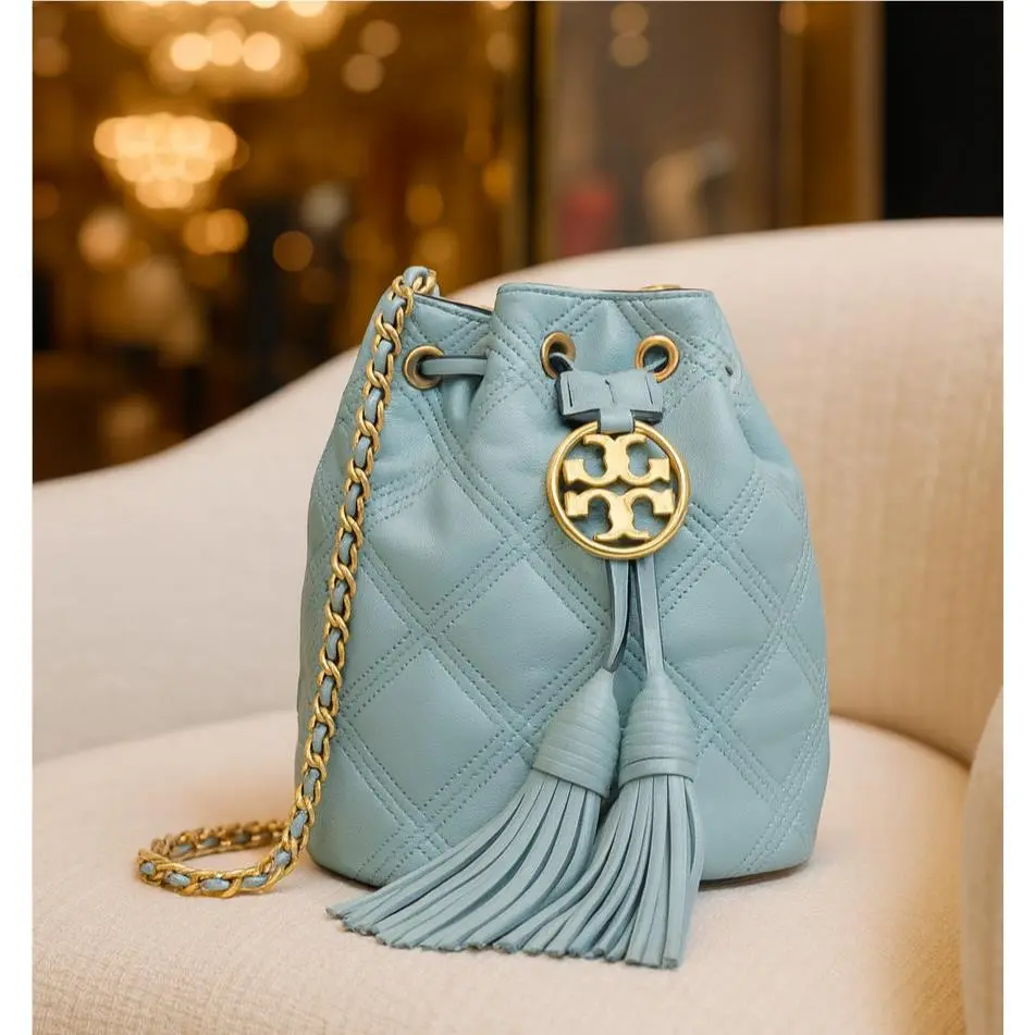 Tory Burch Soft Fleming Northern Blue Leather Drawstring Mini Bucket Bag