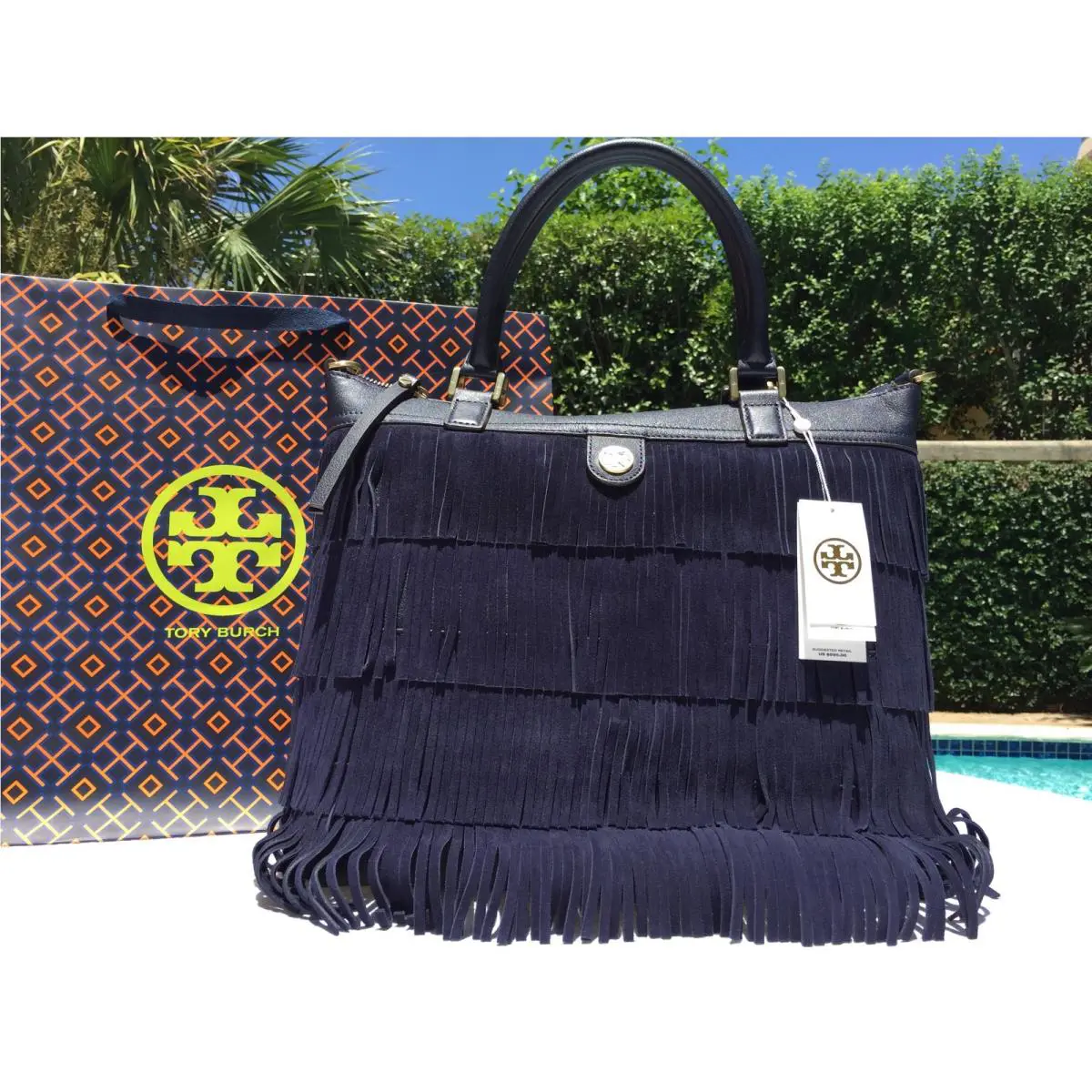 Tory Burch Fringe Suede Large Tote Tory Navy Blue Nwt-with Giftbag