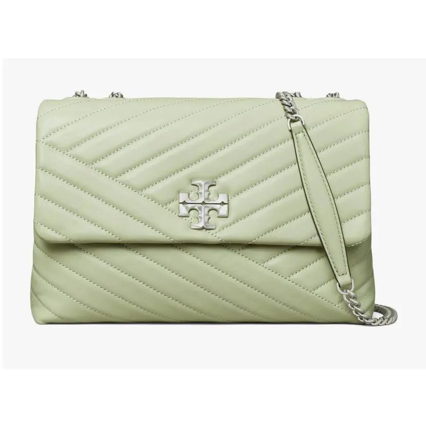 Tory Burch Kira Chevron Convertible Shoulder Bag Pine Frost Leather Silver Cha