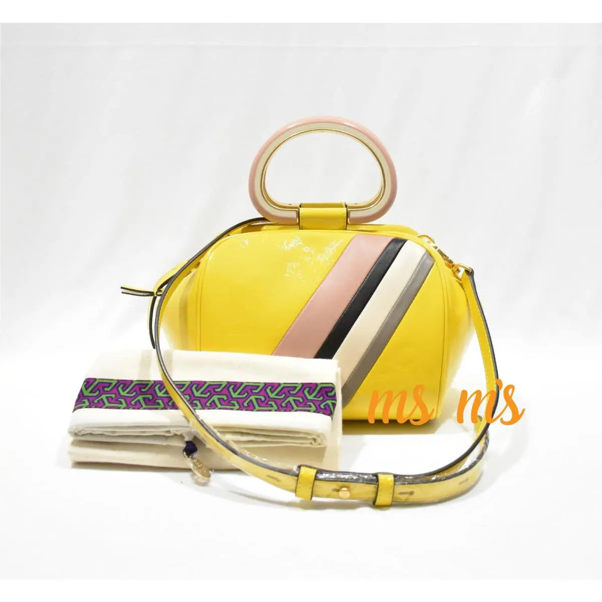 Tory Burch Yellow Lemon Drop Half-moon Stripe Leather Satchel Crossbody