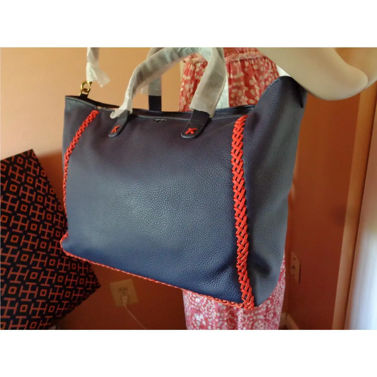 Tory Burch Whipstitch Leather Medium Tote Navy