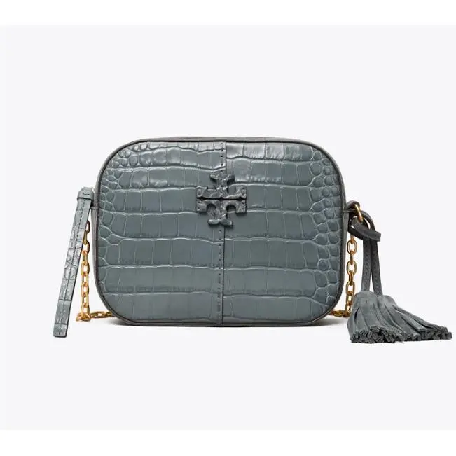 Tory Burch Mcgraw Croc Embossed Leather Camera Bag Bluestone