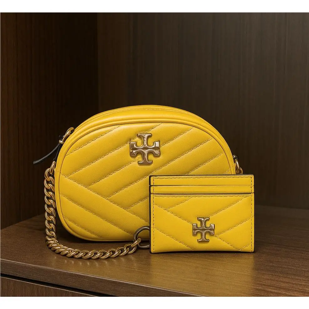 Tory Burch Kira Chevron Goldfinch Yellow Leather Small Camera Bag Card Case