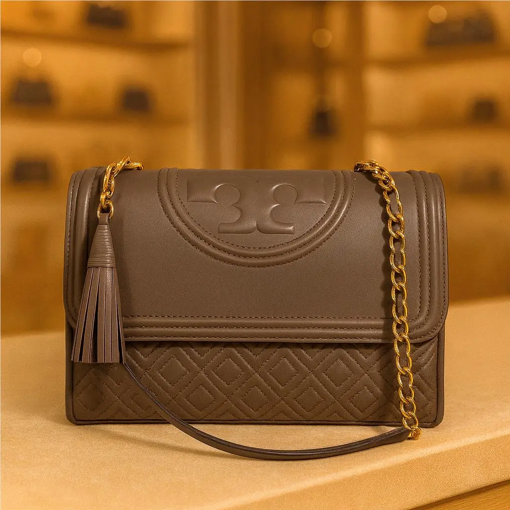 Tory Burch Fleming Silver Maple Taupe Leather Convertible Shoulder Bag