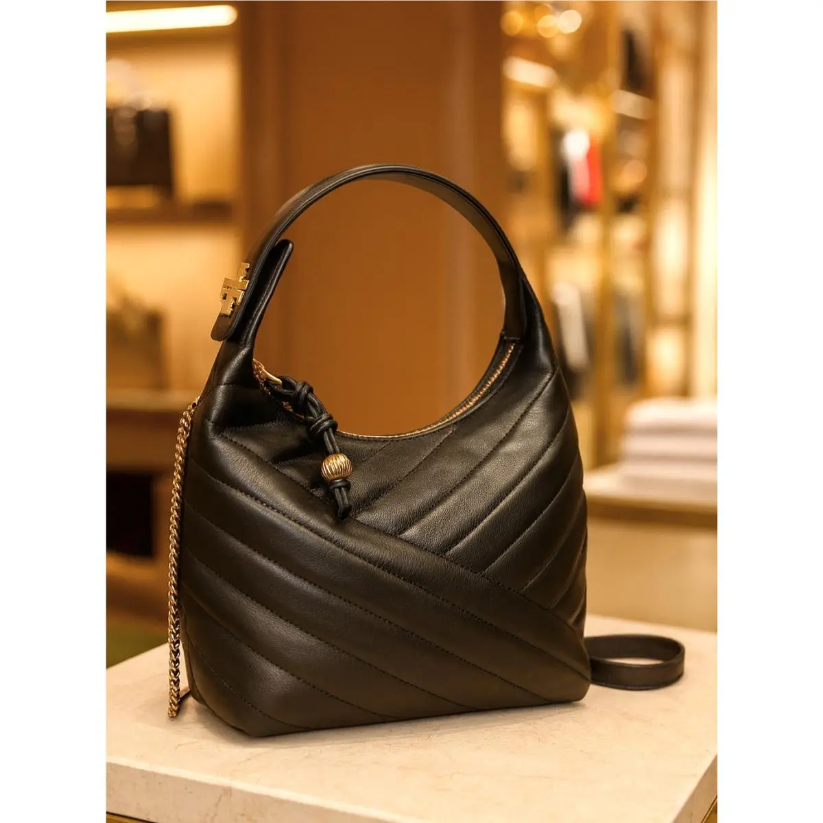 Tory Burch Kira Chevron Crescent Black Small Hobo Shoulder Bag/crossbody Bag