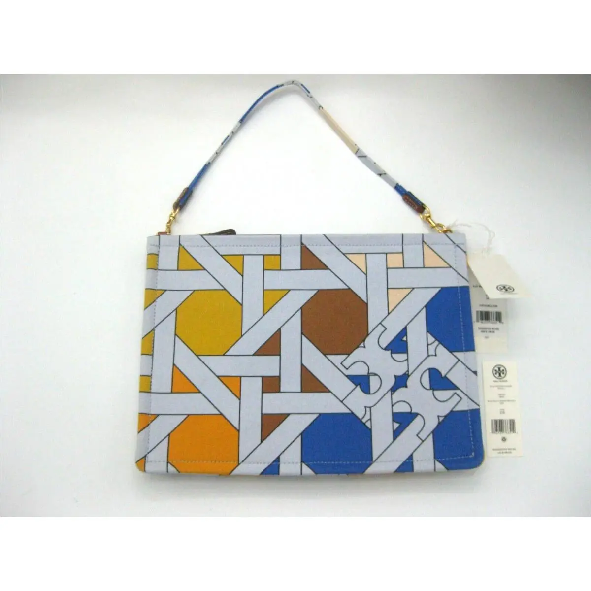 Tory Burch Ella Printed Canvas Top Handle Pouch Wristlet Blue Multi Basketweave