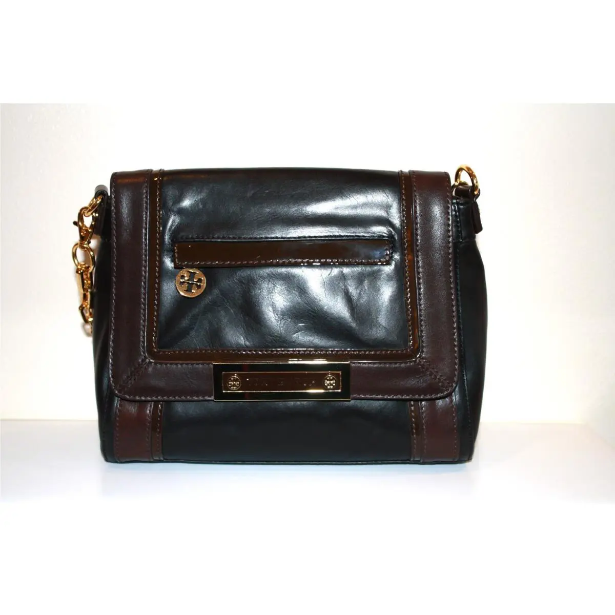 Tory Burch Leather Two Tone Black Brown Small Flap Bag