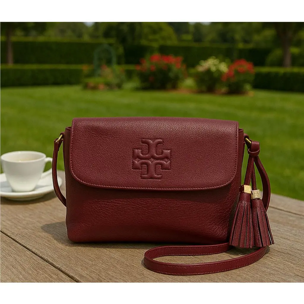 Tory Burch Thea Wine Red Leather Messenger Bag/crossbody Bag/shoulder Bag
