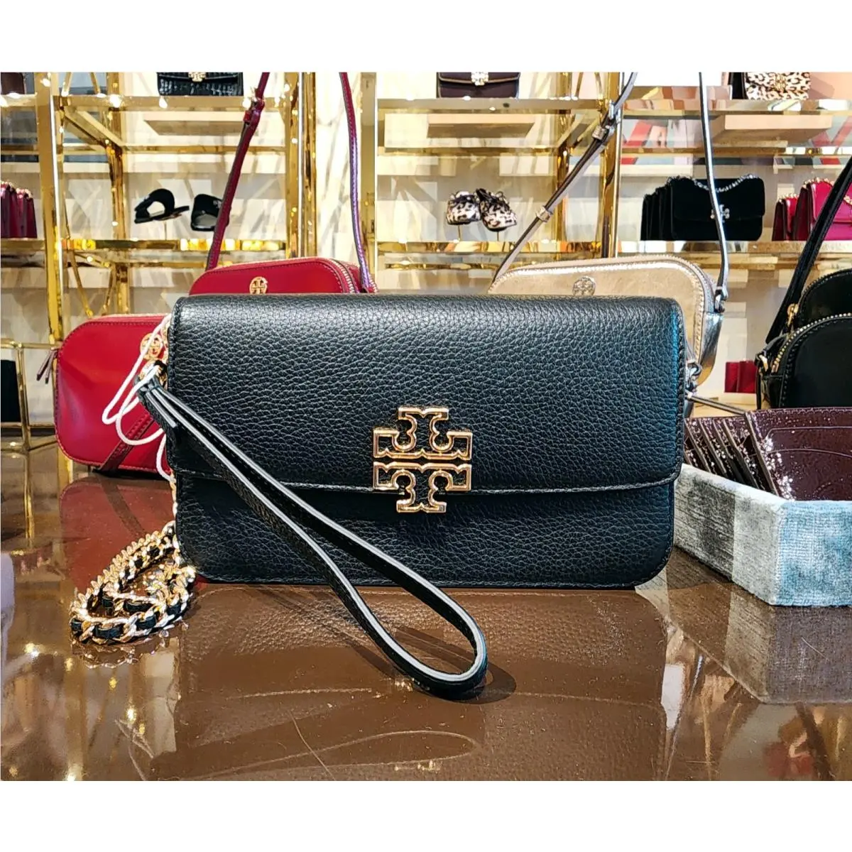 Tory Burch Britten Black Pebbled Leather Crossbody Shoulder Bag Clutch Wristlet