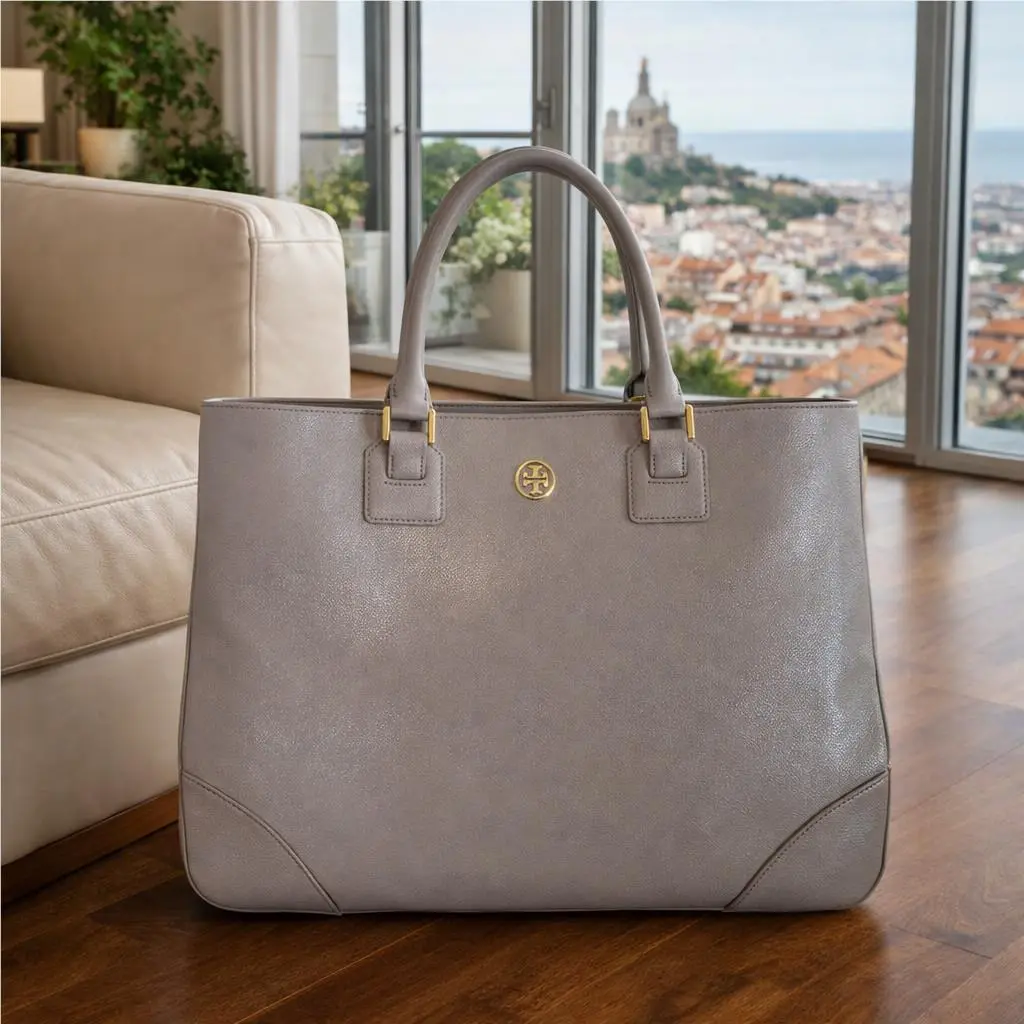 Tory Burch Robinson Mercury Gray Glossy Saffiano Leather Large Tote Bag/work Bag