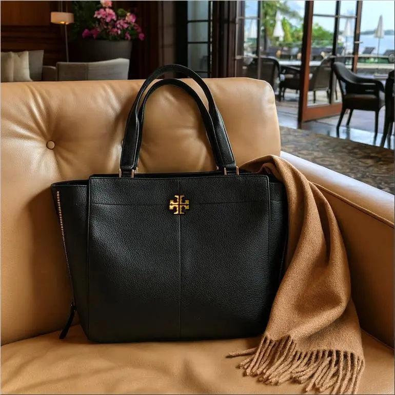 Tory Burch Ivy Side Zip Classic Black Pebbled Leather Large Shoulder Tote Bag