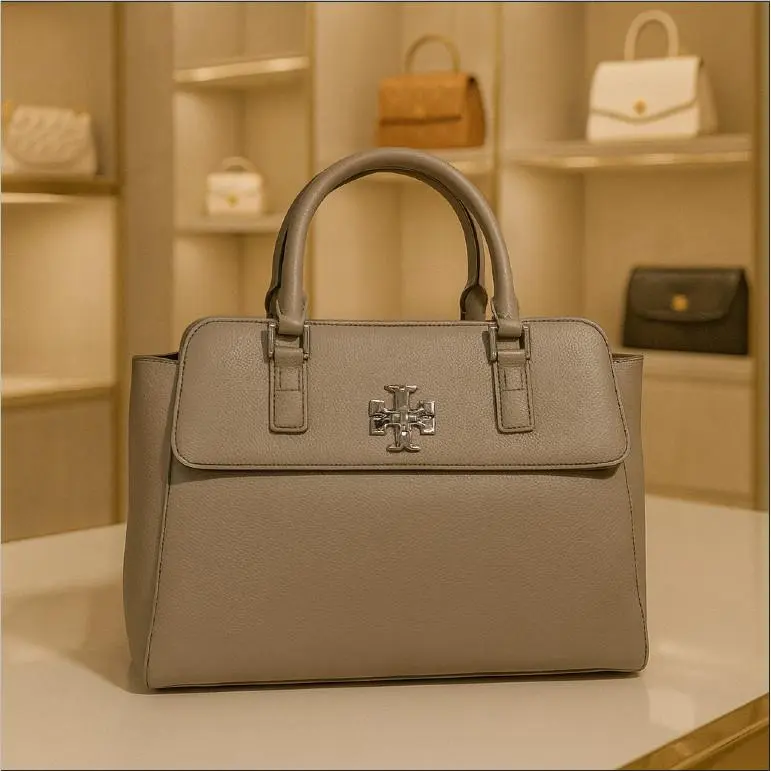 Tory Burch Mercer French Gray Pebbled Leather Dome Satchel Bag Shoulder Bag