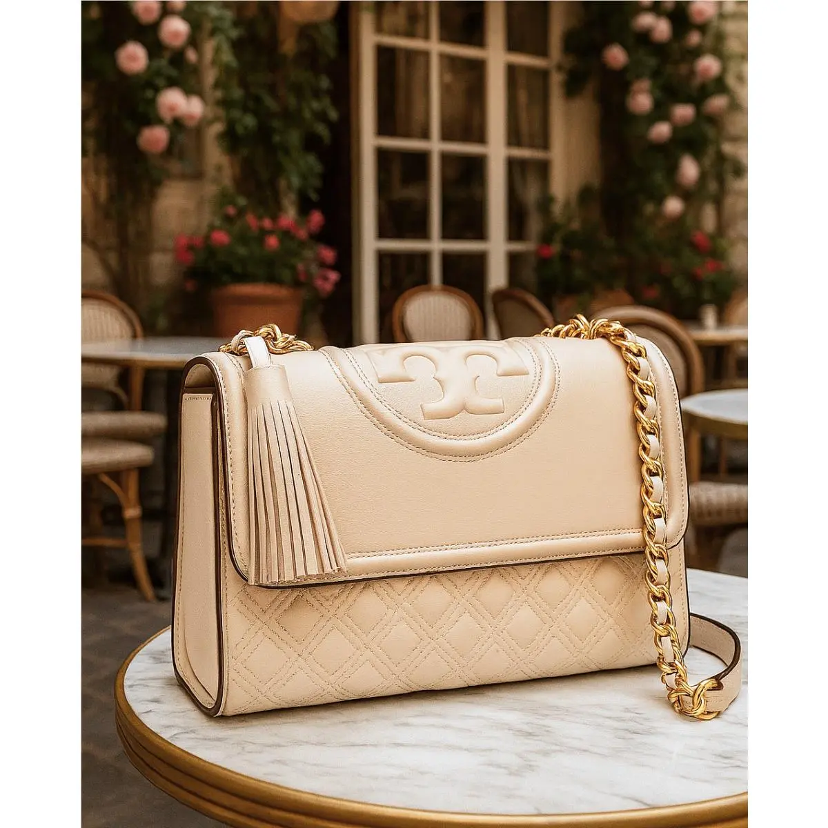 Tory Burch Fleming Convertible Bag Cream Quilted Leather Chain Shoulder Bag