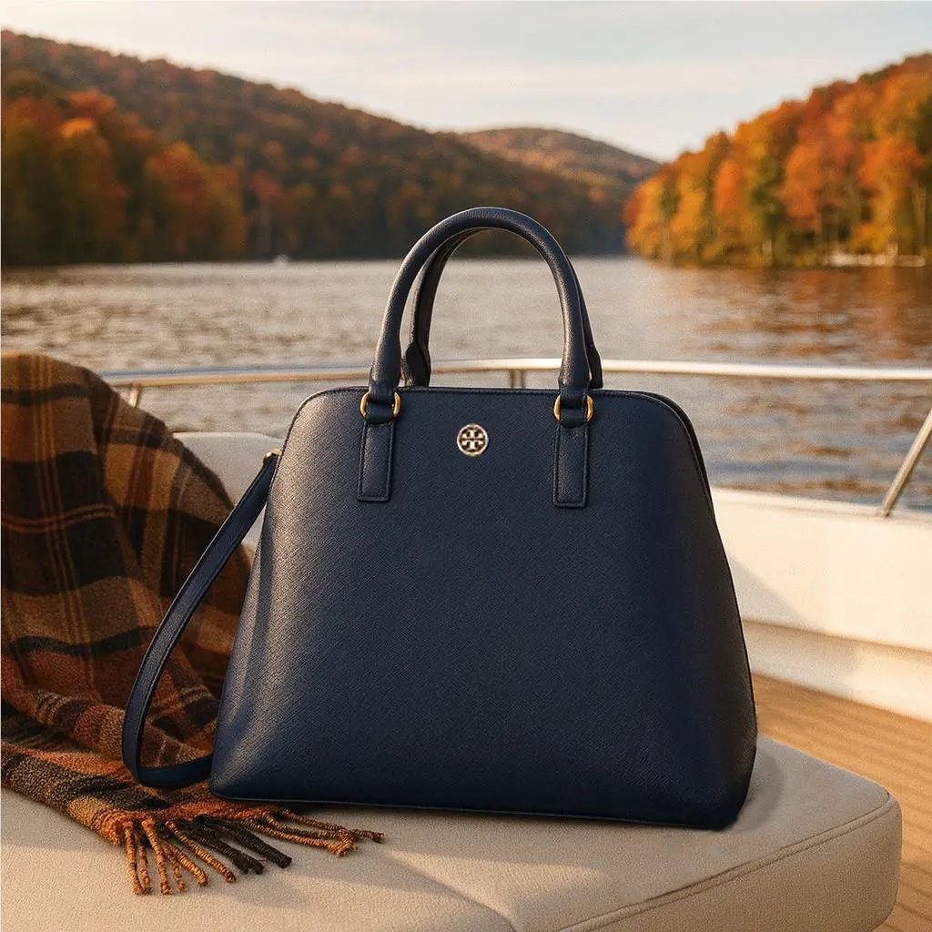 Tory Burch Robinson Navy Saffiano Leather Dome Satchel/shoulder/crossbody Bag