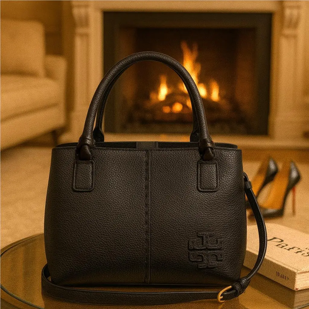 Tory Burch Mcgraw Black Pebbled Leather Satchel/shoulder Bag/crossbody Bag