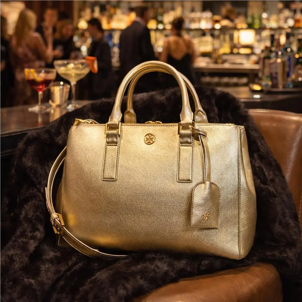 Robinson Gold Saffiano Leather Mini Double-zip Tote/shoulder Bag by Tory Burch