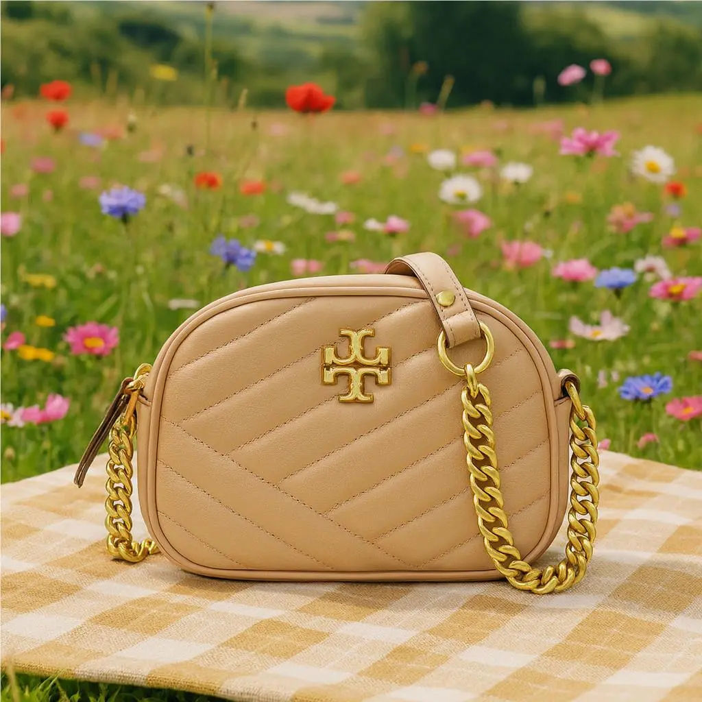 Tory Burch Kira Chevron Devon Sand Beige Leather Small Camera/crossbody Bag