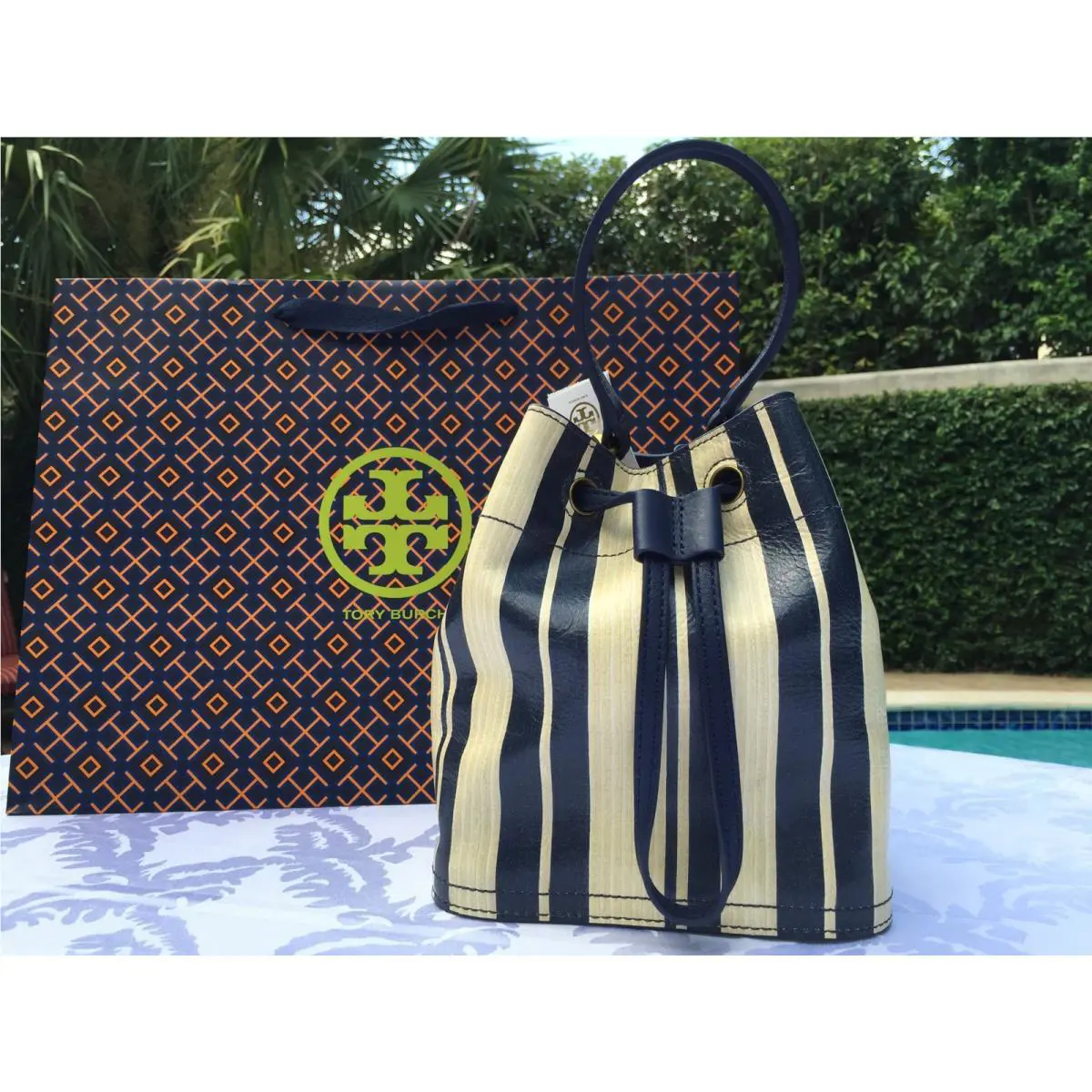 Tory Burch Printed Leather Mini Bucket Bag Blue Parchment Stripe