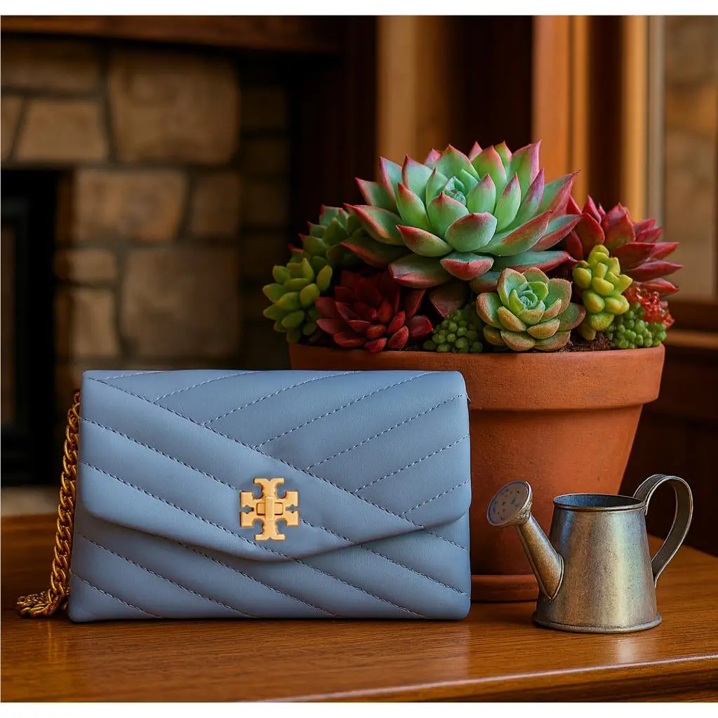 Tory Burch Kira Chevon Cloud Blue/rolled Brass Chain Wallet Crossbody Bag