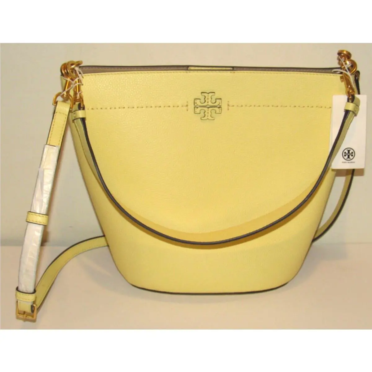 Tory Burch Mcgraw Leather Handbag Vintage Yellow Bucket Bag Top Handle