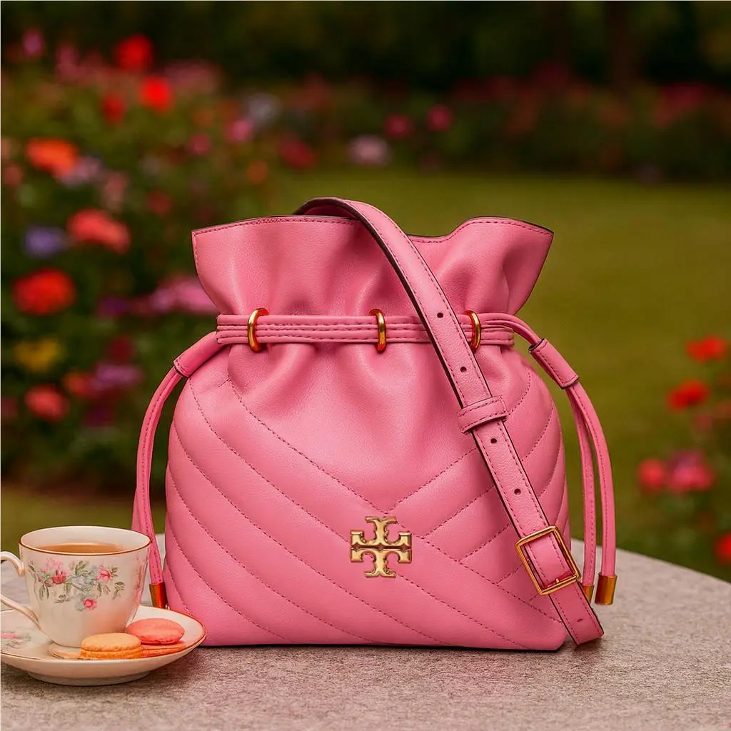 Tory Burch Kira Chevron Pink City Leather Mini Bucket Drawstring Tote Bag