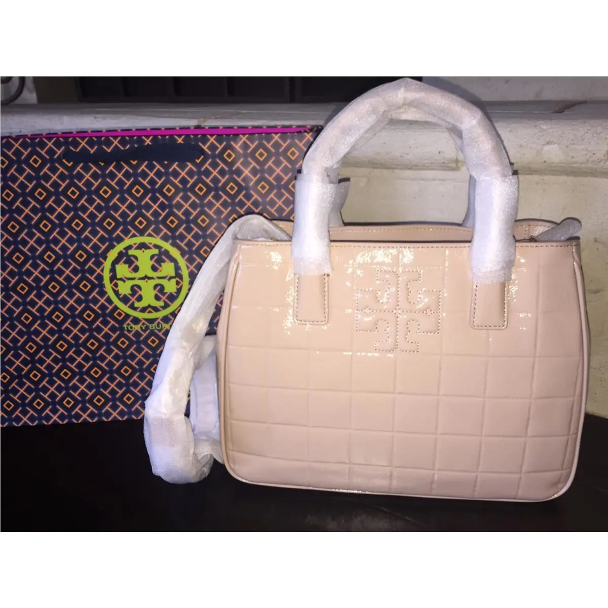 Tory Burch Marion Quilted Patent Leather Tote Light Oak $525-32159786