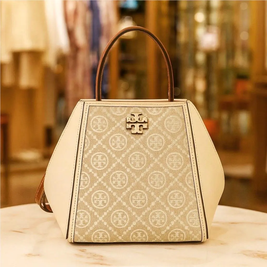 Tory Burch Mcgraw T Monogram Ivory Small Bucket Bag/tote w/ Long Strap