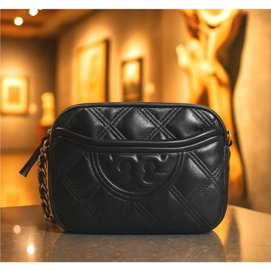 Tory Burch Soft Fleming Black Leather Small Camera Crossbody/shoulder Bag