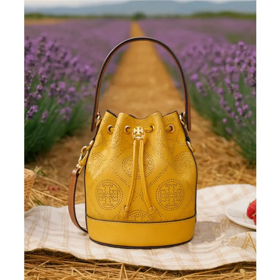 Tory Burch T Monogram Golden Yellow Perforated Leather Mini Bucket Tote Bag