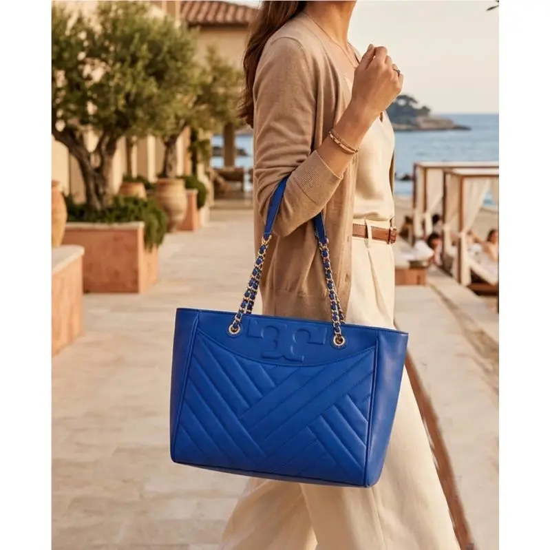 Alexa Regal Blue Leather Small Chain Strap Tote Bag by Tory Burch