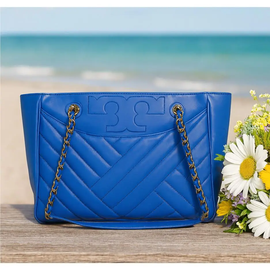 Tory Burch Alexa Regal Blue Leather Small Chain Strap Tote Bag