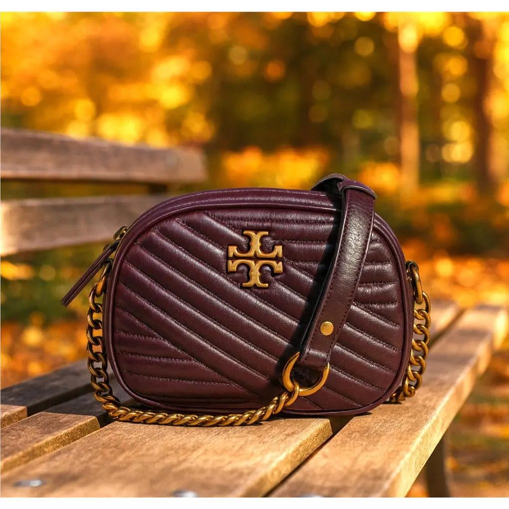Tory Burch Kira Chevron Fig Burgundy Glazed Leather Small Crossbody Bag