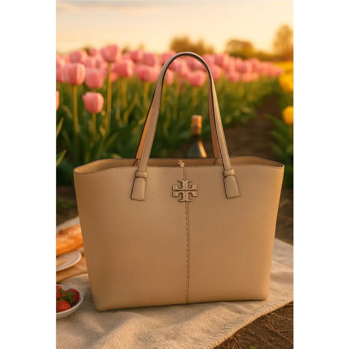 Tory Burch Mcgraw Large Tote Bag Devon Sand Soft Beige Leather Shopper Tote