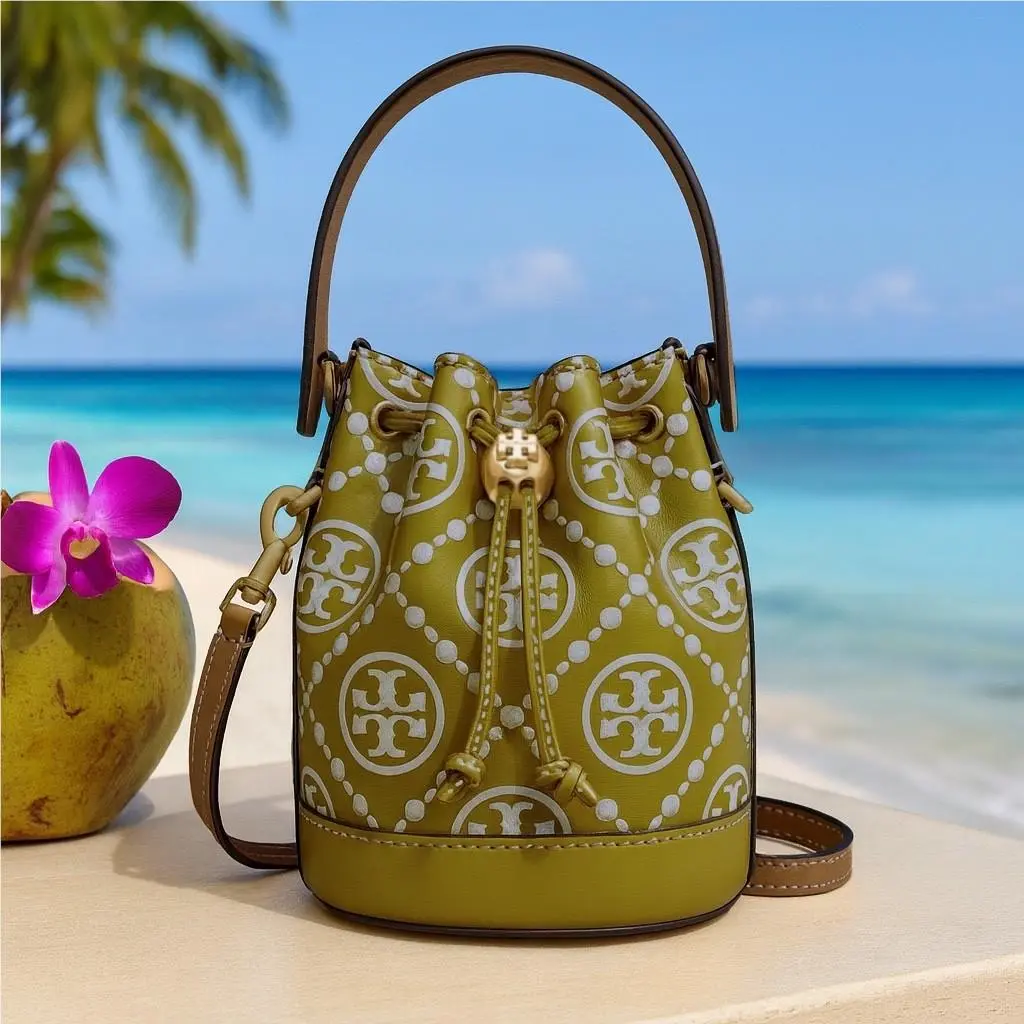 Tory Burch T Monogram Island Palm/cream Contrast Embossed Mini Bucket Bag
