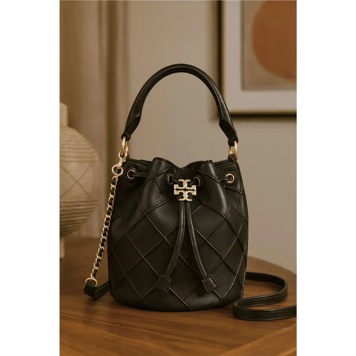 Tory Burch Soft Fleming Small Bucket Bag Black Quilted Leather Crossbody
