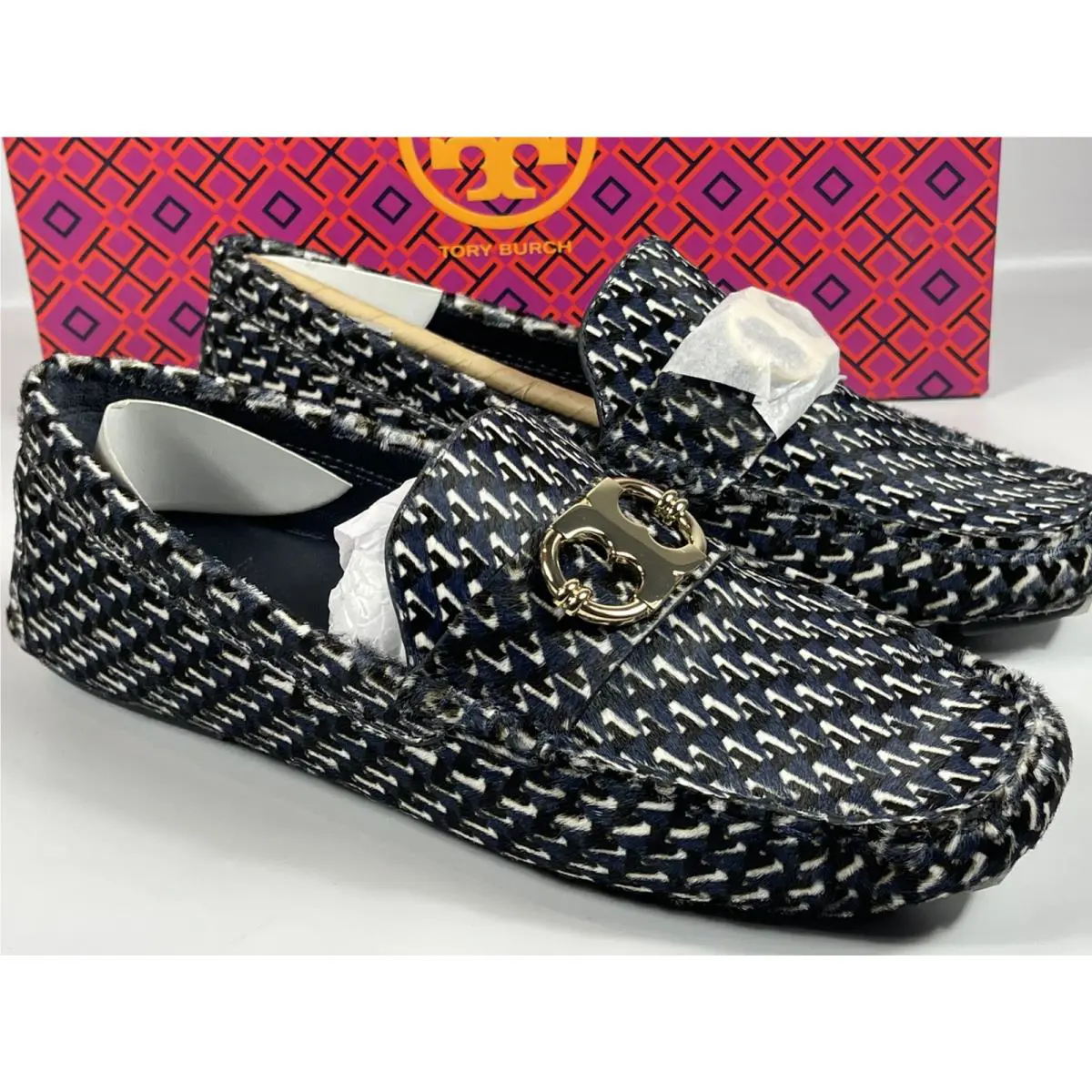 Tory Burch `gemini Link` Calf Hair Driving Loafers 8M Dust Bag