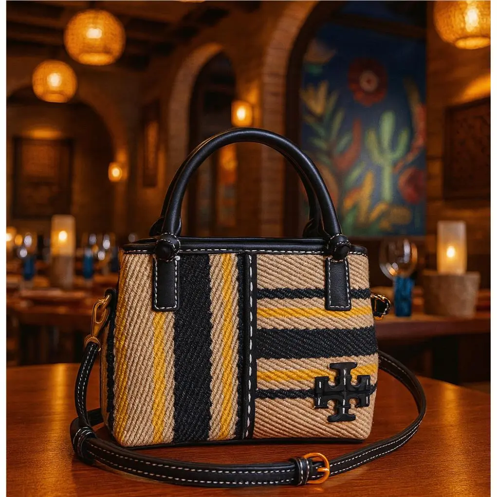 Tory Burch Mcgraw Black Leather/natural Linen Mini Satchel/crossbody Bag