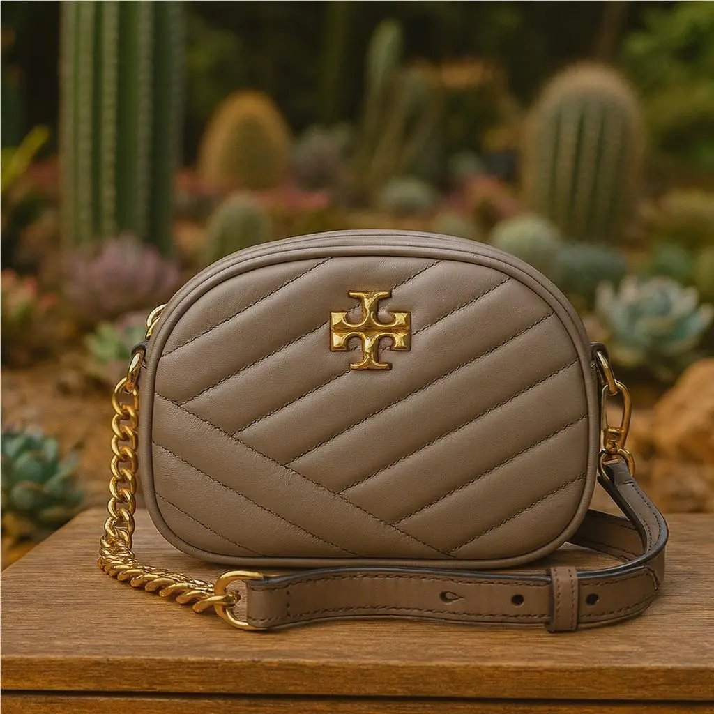 Tory Burch Kira Chevron Classic Taupe Small Camera Crossbody/shoulder Bag