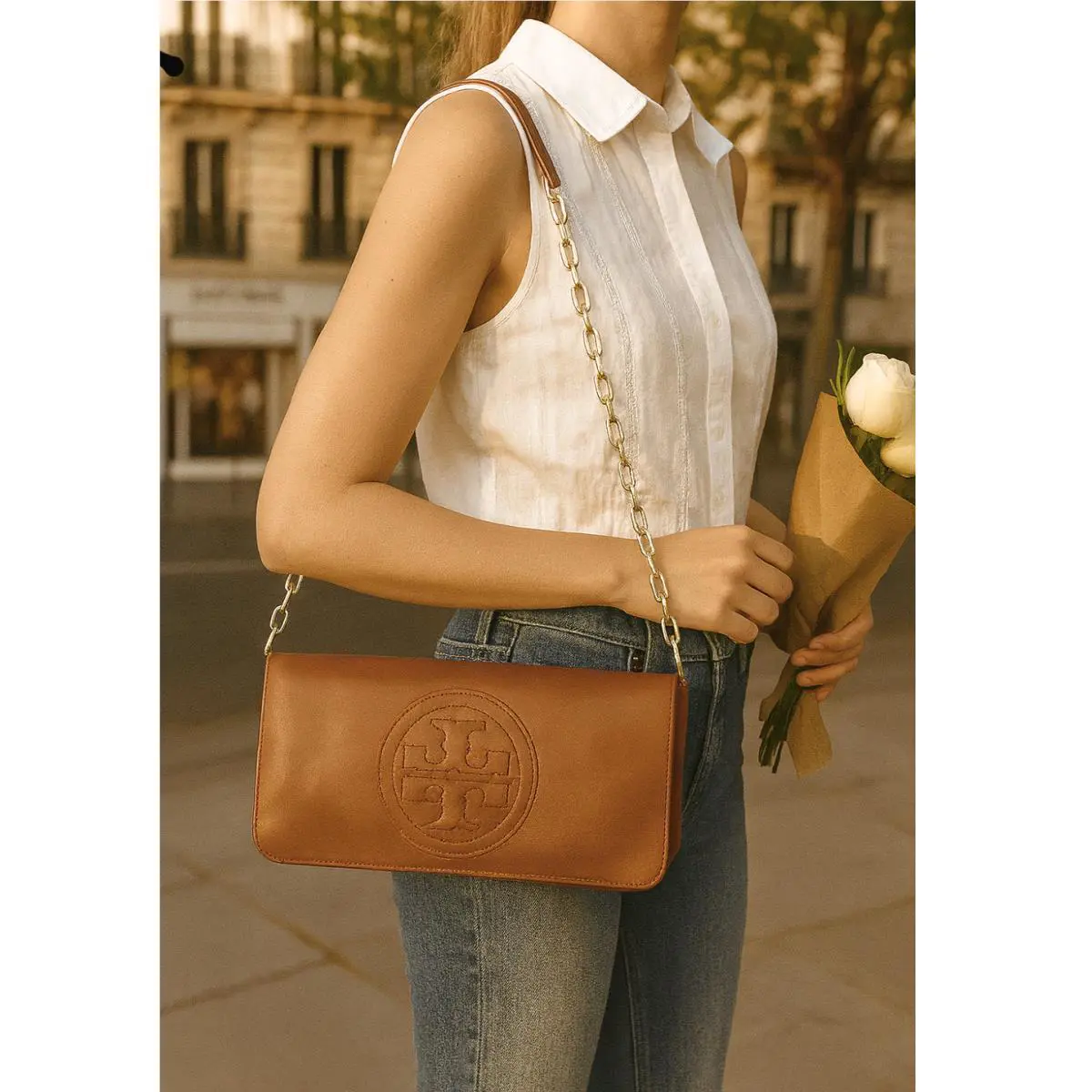 Tory Burch Bombe Reva Luggage Brown Tan Leather Chain Shoulder Bag/clutch