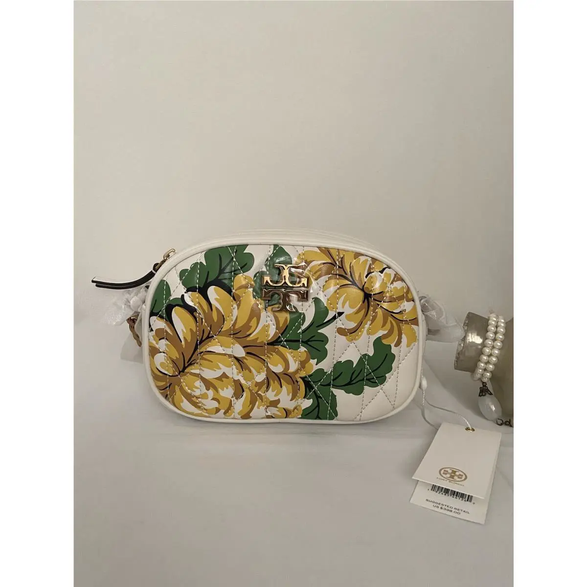 Tory Burch 64433 Kira Chevron Quilted Floral Camera Bag Cloud White Yellow