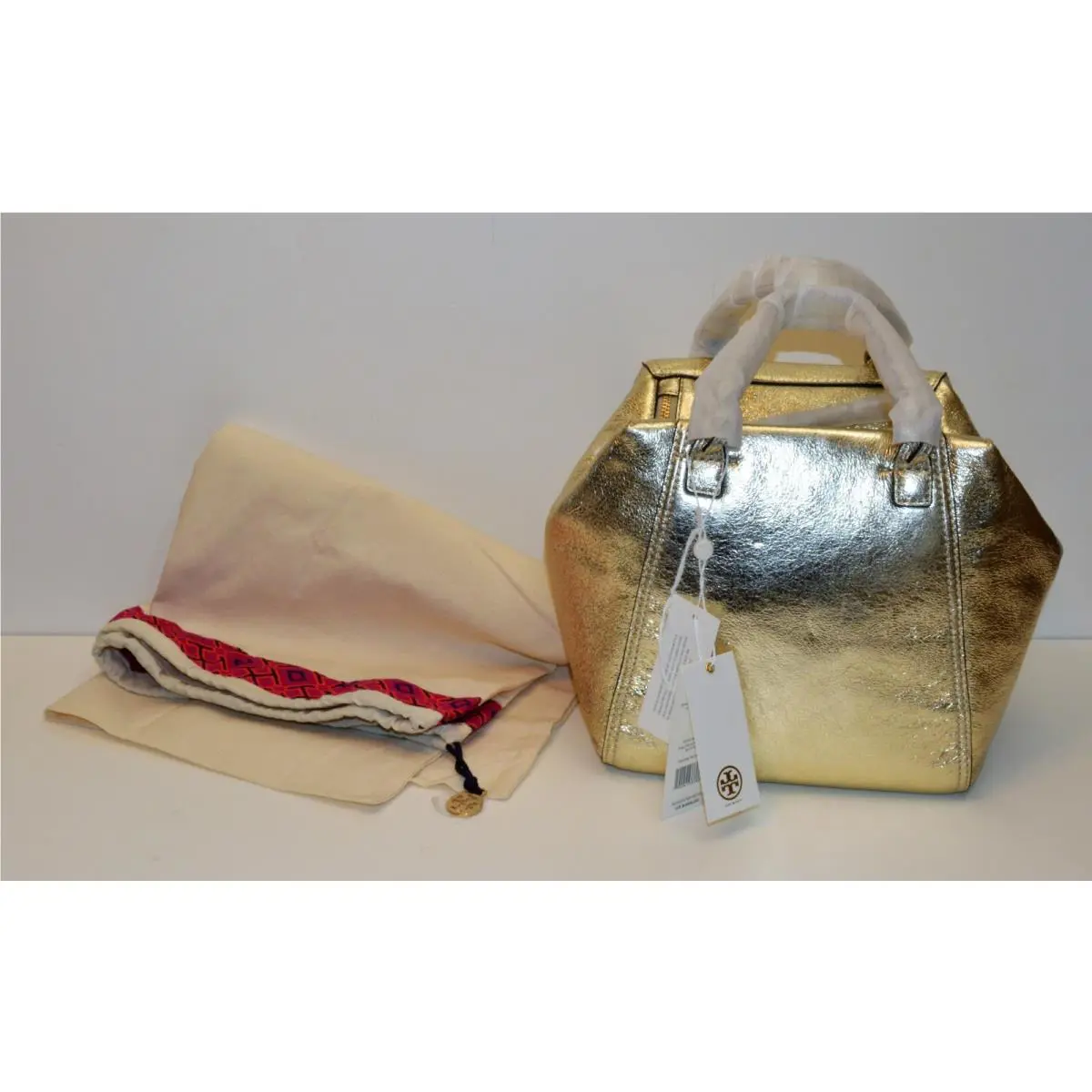 Tory Burch Spark Gold Leather Halfmoon Small Satchel Purse Shoulder Bag