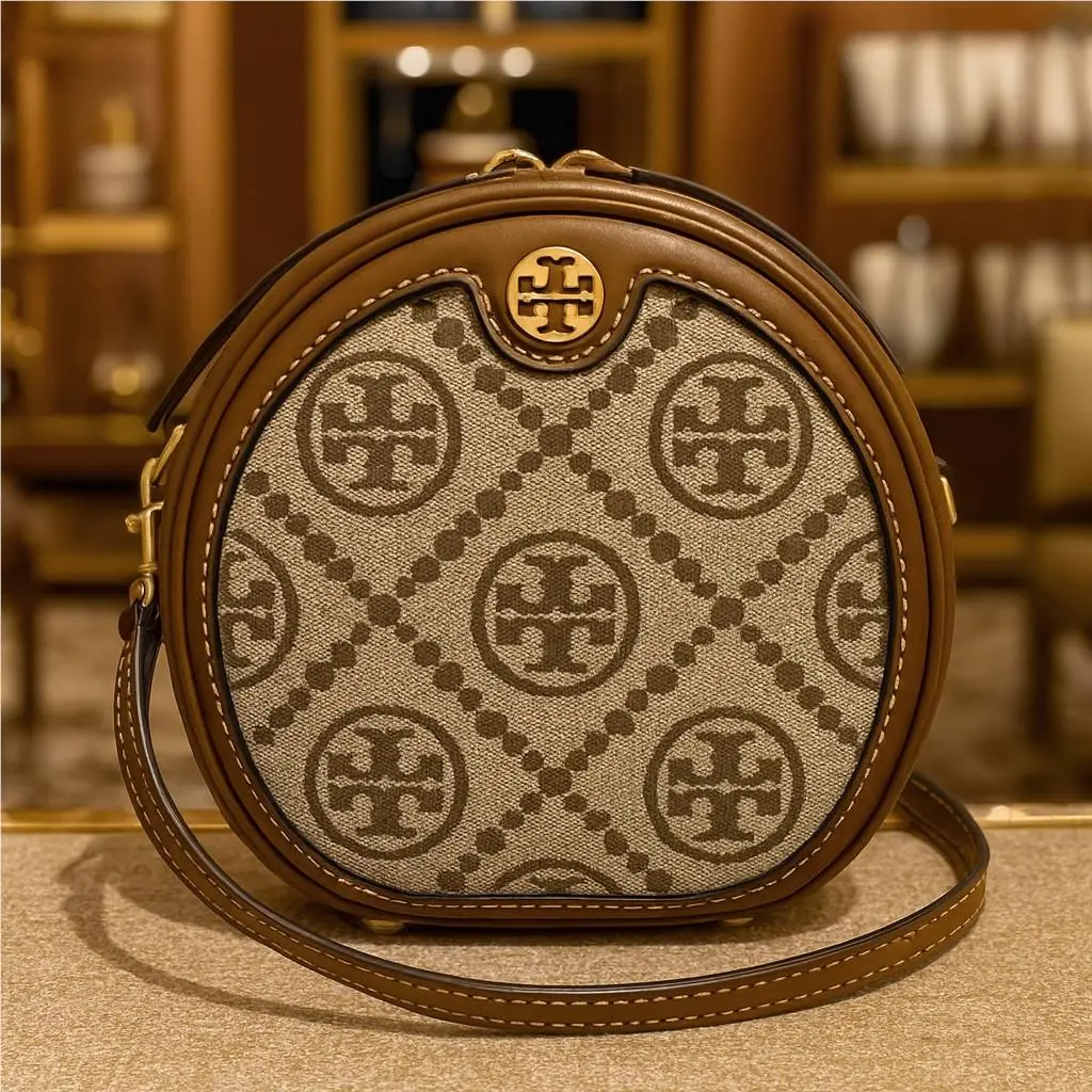 Tory Burch T Monogram Hazelnut Tan Jacquard Circle Crossbody/shoulder Bag
